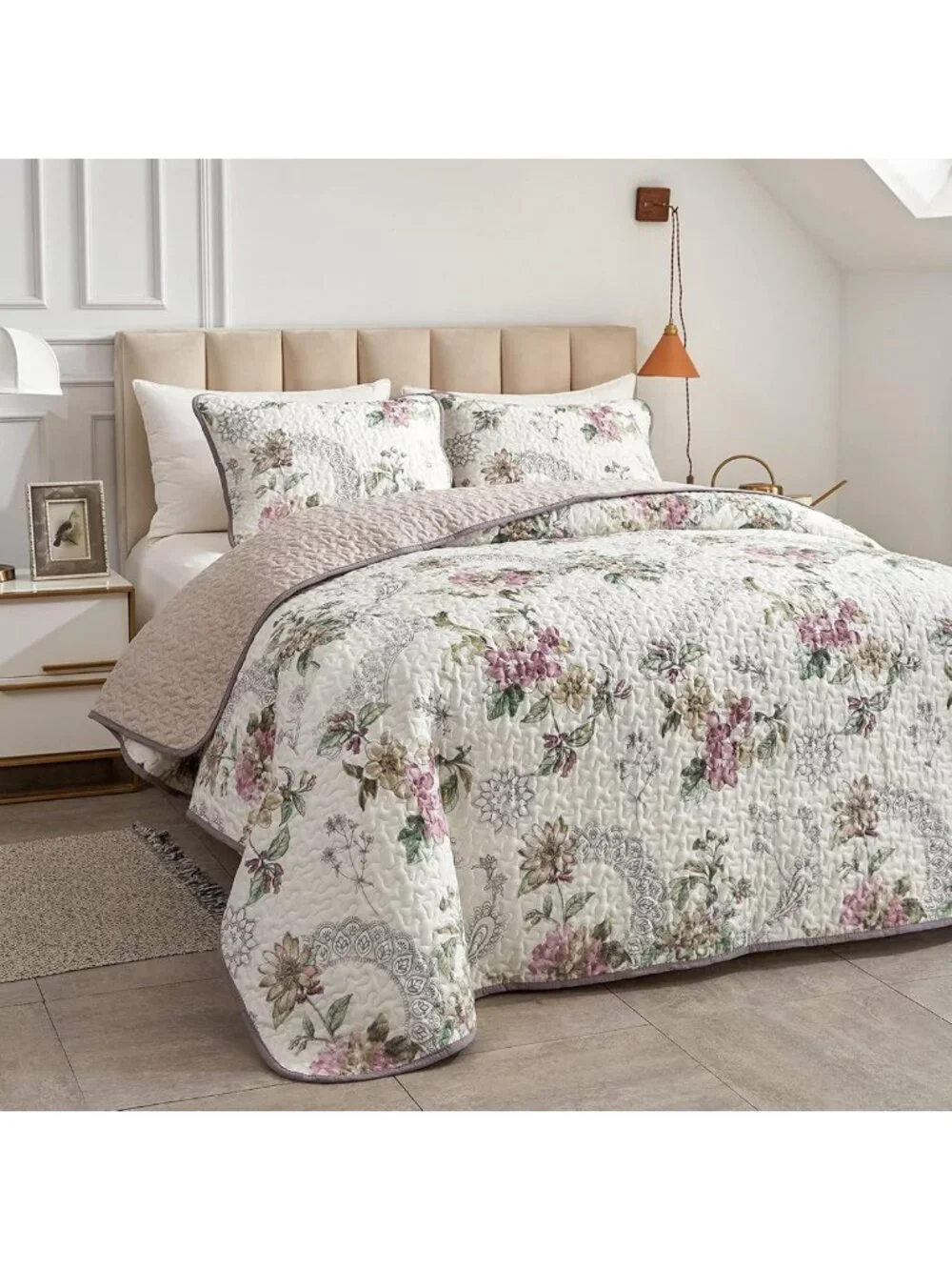 Reversible Floral Quilt Set Full/Queen - Soft Microfiber Bedspread & Shams, All